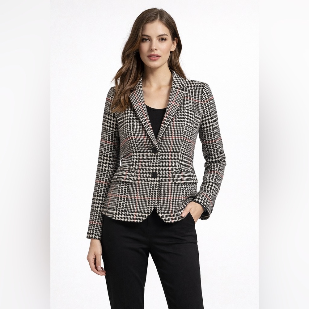 Talbots Petites Houndstooth Blazer Red Plaid Wool 8P Classic